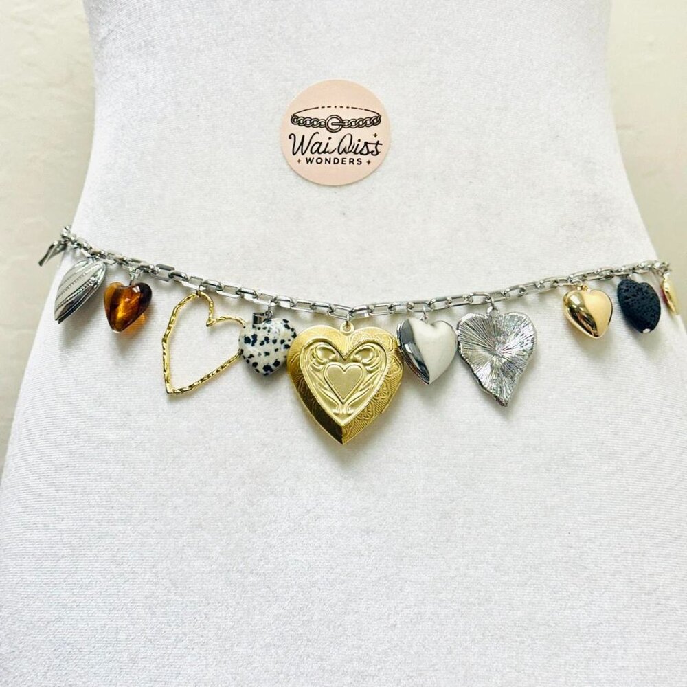 Heart charm belt with gold tone, silver tone, and black tone charms accessories